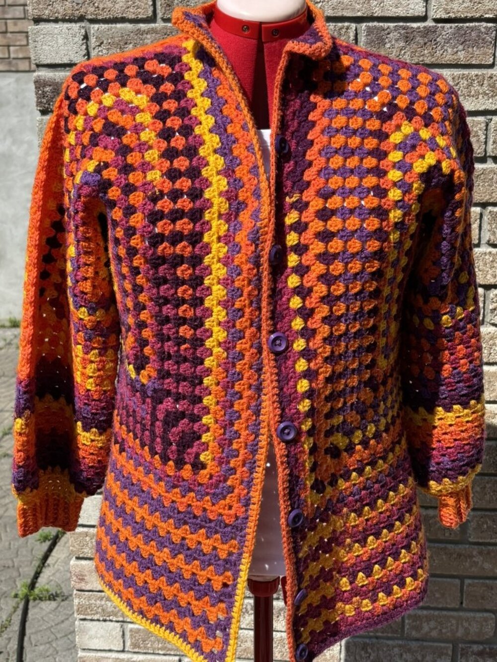 Hand Crocheted Hexagon Cardigan Boho Granny Stitch Sweater Autumn Jacket Size L